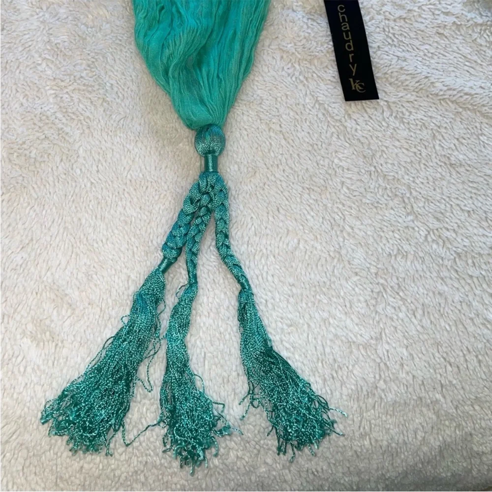Chaudry Turquoise Sheer Fringed Scarf with Braided Tassels